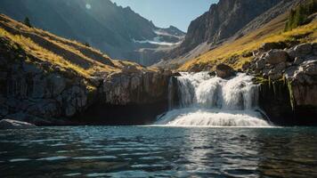 A serene waterfall cascades into a tranquil pool, surrounded by mountains and greenery. photo