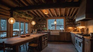 Cozy rustic kitchen with wooden beams, large table, and warm lighting, perfect for gatherings. photo