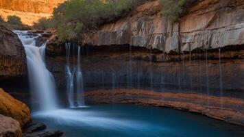A serene waterfall cascading into a tranquil pool surrounded by rocky cliffs and vegetation. photo