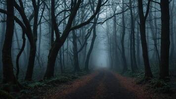 A misty forest path with silhouetted trees, creating a mysterious and eerie atmosphere. photo