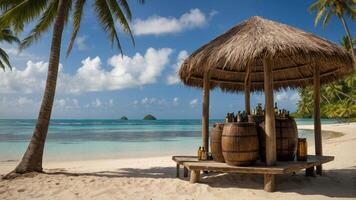 un tropical playa escena presentando un tejado de paja choza con barriles y botellas, atractivo relajación. foto
