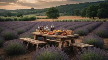 A rustic picnic setup in a lavender field with food and drinks. photo