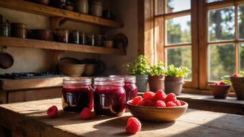 Jars of raspberry jam on a rustic kitchen table with fresh raspberries and plants. photo