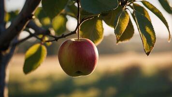 A ripe apple hanging from a tree branch surrounded by green leaves in a natural setting. photo