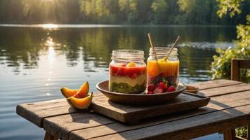 A serene lakeside setting featuring jars of colorful fruit parfaits on a wooden table. photo