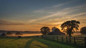 A serene sunrise over a farm with cows, mist, and trees. photo