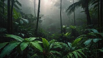 Dense, misty rainforest with lush vegetation and towering trees creating an atmospheric scene. photo