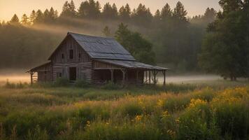 A rustic barn surrounded by misty fields and trees at dawn. photo