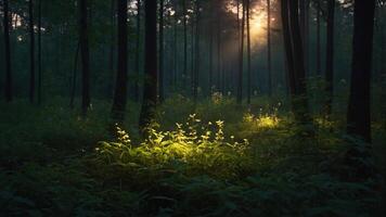 A serene forest scene with sunlight filtering through trees, illuminating lush greenery. photo