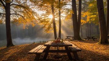 A serene picnic setting in a forest during autumn, with sunlight filtering through trees. photo