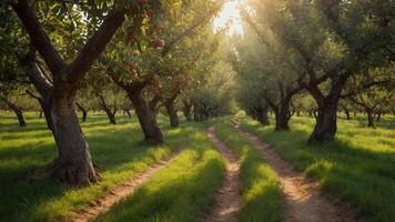 A serene apple orchard path with sunlight filtering through the trees. photo
