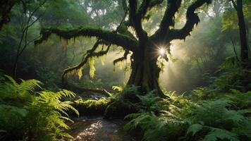 A mystical forest scene with a large tree and sunlight filtering through the foliage. photo