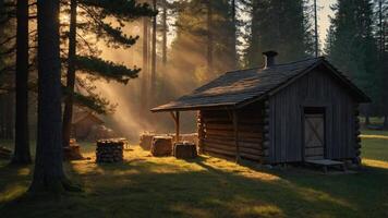 A rustic cabin in a sunlit forest, surrounded by trees and soft rays of light. photo