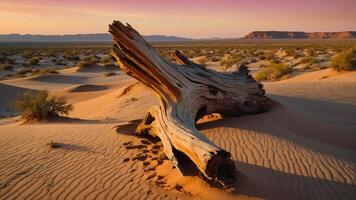 A weathered log rests on the sandy desert, surrounded by dunes and a colorful sky at dusk. photo