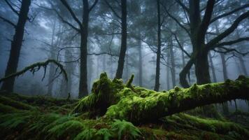 A misty forest scene with moss-covered logs and tall trees, creating a serene atmosphere. photo