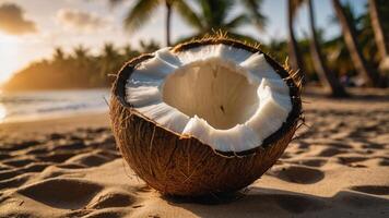 A fresh coconut split open on a sandy beach with palm trees in the background. photo