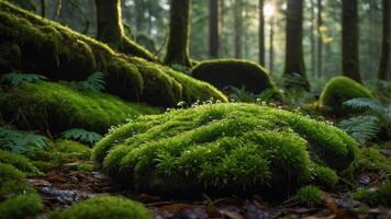 A serene forest scene featuring lush moss-covered rocks and gentle sunlight filtering through trees. photo