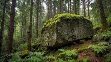 A moss-covered boulder in a lush forest setting, surrounded by trees and ferns. photo