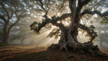 A majestic tree stands in a misty forest, illuminated by soft rays of sunlight. photo