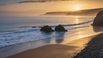 A serene beach at sunset, with gentle waves and rocky formations along the shore. photo