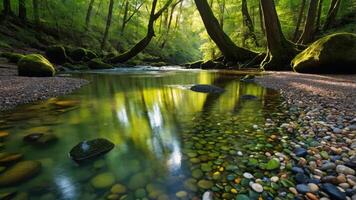 A serene river flows through a lush forest, reflecting vibrant greenery and smooth pebbles. photo
