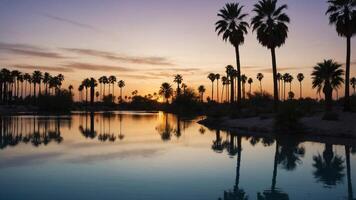 Serene sunset over a calm lake surrounded by palm trees and a colorful sky. photo