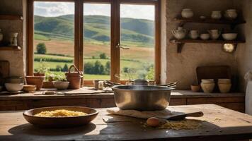 A rustic kitchen with a view of rolling hills, featuring cooking utensils and ingredients. photo