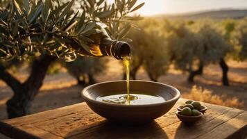 Olive oil being poured into a bowl, surrounded by olives and olive trees at sunset. photo