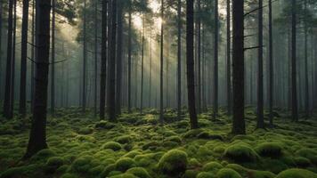 A serene forest scene with tall trees and lush green moss covering the ground. photo