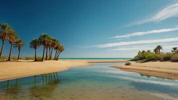 A serene beach scene with palm trees and a calm waterway leading to the ocean. photo