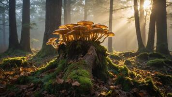 A serene forest scene with mushrooms growing on a mossy log, illuminated by soft sunlight. photo