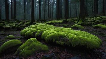 A serene forest scene featuring lush green moss covering stones in a tranquil woodland setting. photo