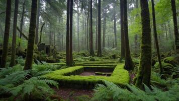 A misty forest scene featuring moss-covered ruins surrounded by dense trees and ferns. photo