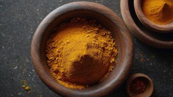 A close-up of turmeric powder in wooden bowls, showcasing its vibrant color and texture. photo