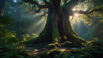 A majestic tree stands in a misty forest, sunlight filtering through its branches. photo