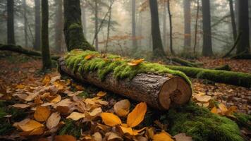 A serene forest scene with moss-covered logs and autumn leaves in a foggy atmosphere. photo