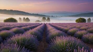 A serene lavender field at dawn, with mist and mountains in the background. photo