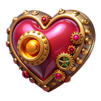 elegant signature Steampunk clockwork heart with ruby gemstones and gold filigree. NO BACKGROUND with Transparent Background. png