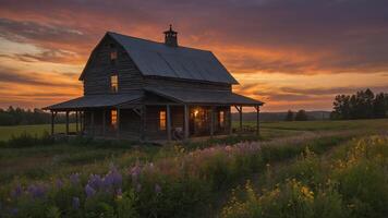 A rustic wooden farmhouse at sunset, surrounded by vibrant wildflowers in a serene landscape. photo