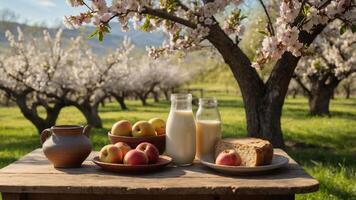 A rustic table setting with milk, bread, apples, and a pitcher amid blossoming trees. photo