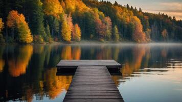 A serene wooden dock extends into a tranquil lake surrounded by vibrant autumn foliage. photo