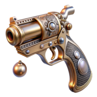 dynamic wonderful Steampunk pistol with ornate engravings and a pearl handle. NO BACKGROUND with Transparent Background. artisan png