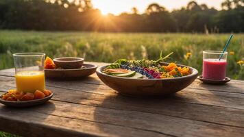 A rustic table set with vibrant fruits and smoothies at sunset in a natural field. photo
