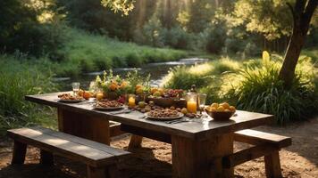 A rustic outdoor dining setup with a variety of fruits and drinks beside a serene stream. photo