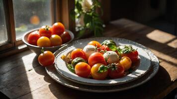 A vibrant display of assorted tomatoes with basil, illuminated by sunlight. photo
