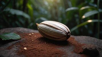 A cacao pod resting on a stone with soil, surrounded by lush green foliage. photo