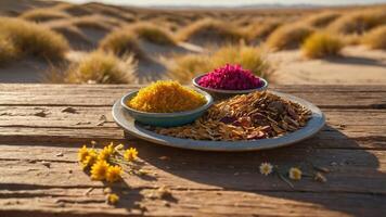 A vibrant display of spices and dried flowers on a rustic wooden table in a desert setting. photo