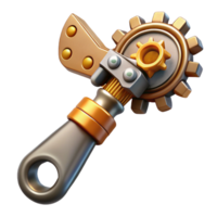 exemplary futuristic Steampunk wrench with adjustable gears and a brass handle. NO BACKGROUND with Transparent Background. studio quality png