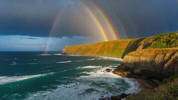 A scenic coastal view featuring vibrant rainbows over cliffs and crashing waves. photo