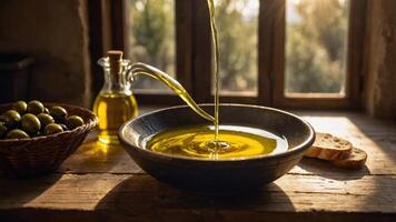 A bowl of olive oil is being poured, accompanied by olives and bread on a rustic table. photo
